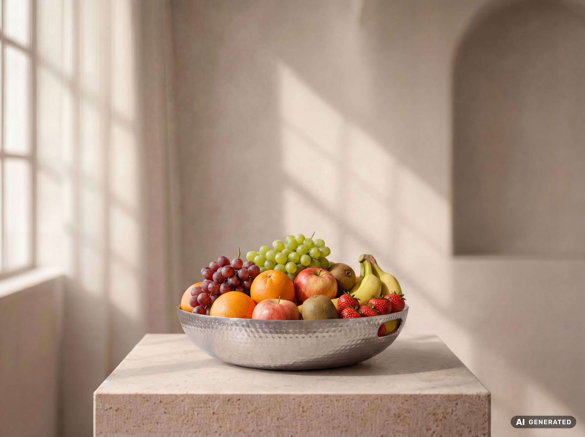FineBuy Fruttiera 38 x 38 x 7 cm Alluminio Argento Fatta a Mano