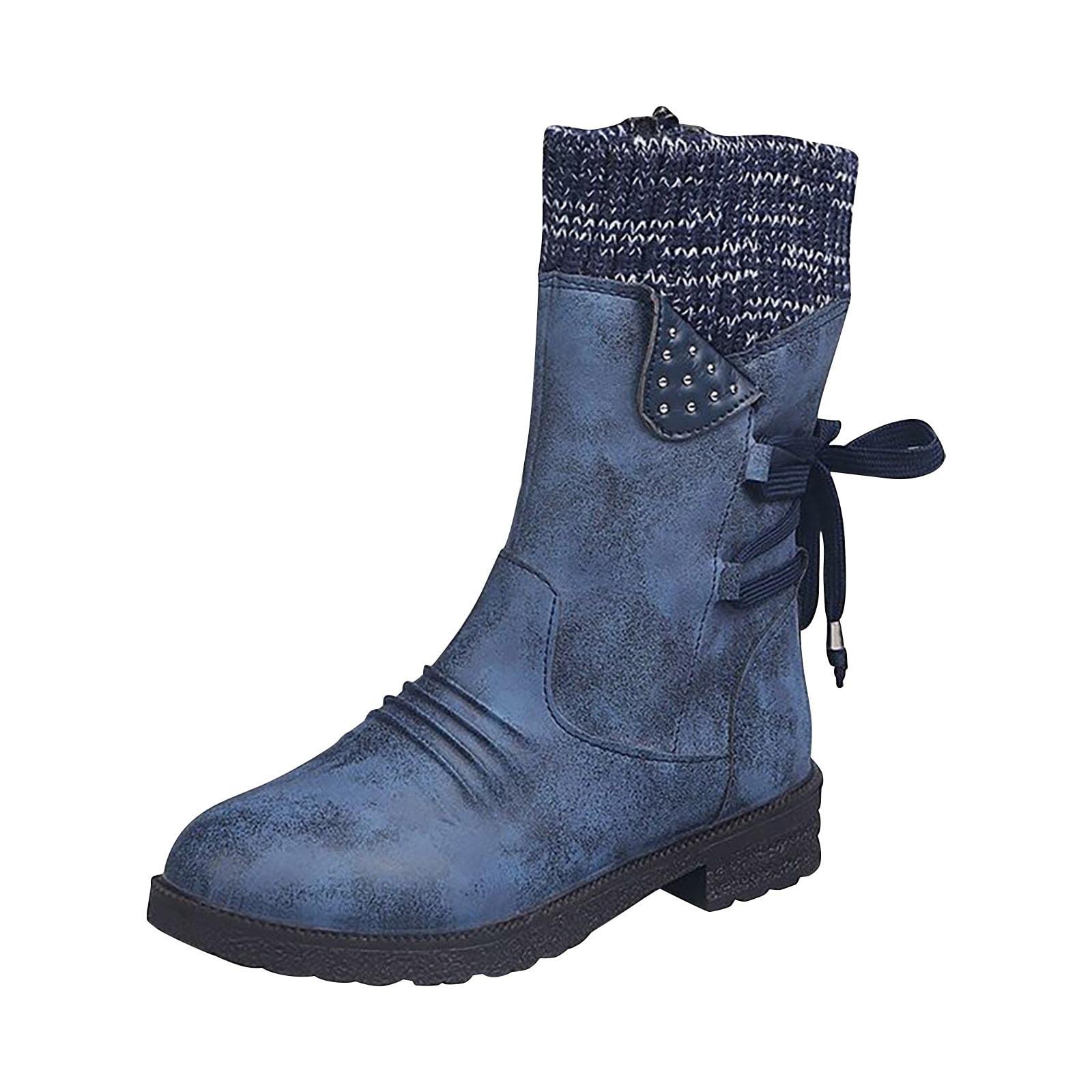 Womens Mid Calf Boots Winter Warm Round Toe Lace Up Boot Western Platform Cowboy Shoes Outdoor Hiking Booties