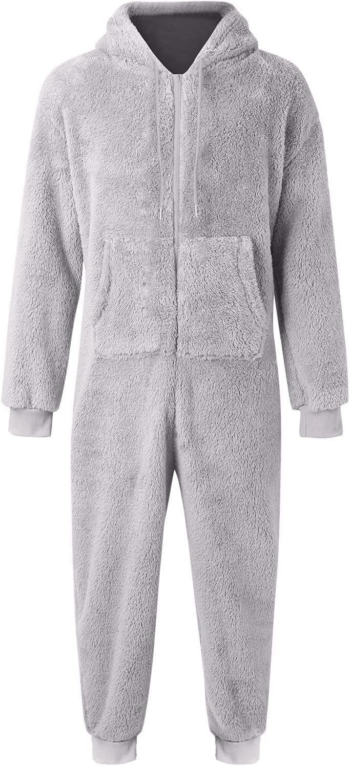 Winter Sherpa Fuzzy One Piece Pajamas for Men Hoodie Zipper Jumpsuits Loungewear Long Sleeve Warm Fleece Plush Romper
