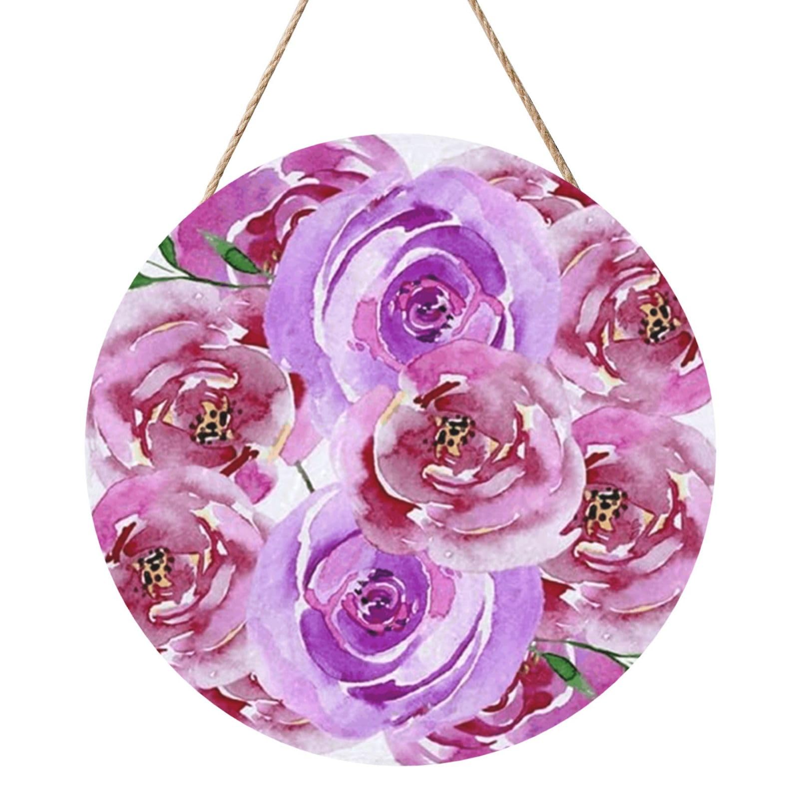 InOmak Lilac Violet And Purple Watercolor Peony Roses, Round Wood Panel Painting 12 in, Wall Hanging Painting For Home