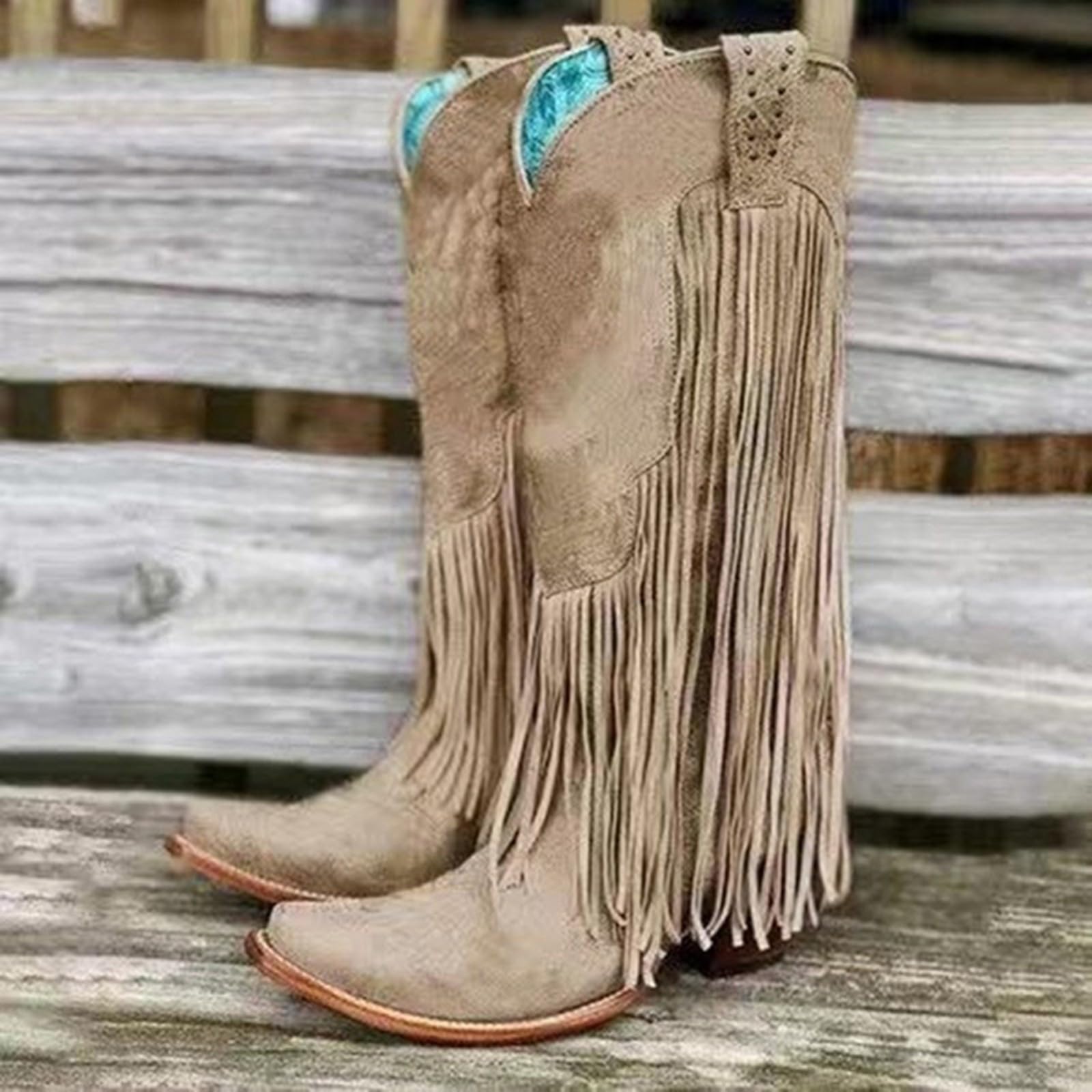Generisch Botas de invierno para mujer, tallas grandes, con tacón con flecos, versátiles, para uso diario, casual