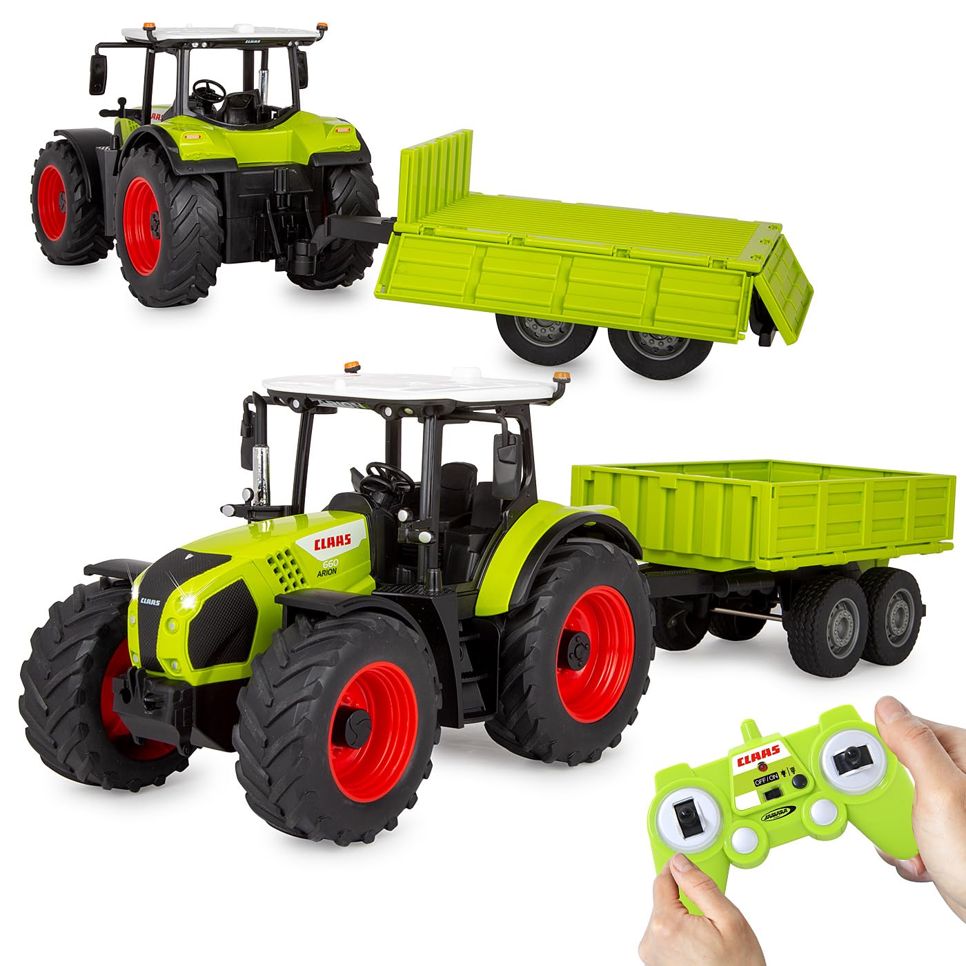 JAMARA Claas Arion 660 405360 avec remorque à Bascule 1:24 2,4 GHz – Jouet Tracteur télécommandé, véhicule pour Enfants, modèle agricole, Cadeau pour Enfants, lumière, attelage de remorque