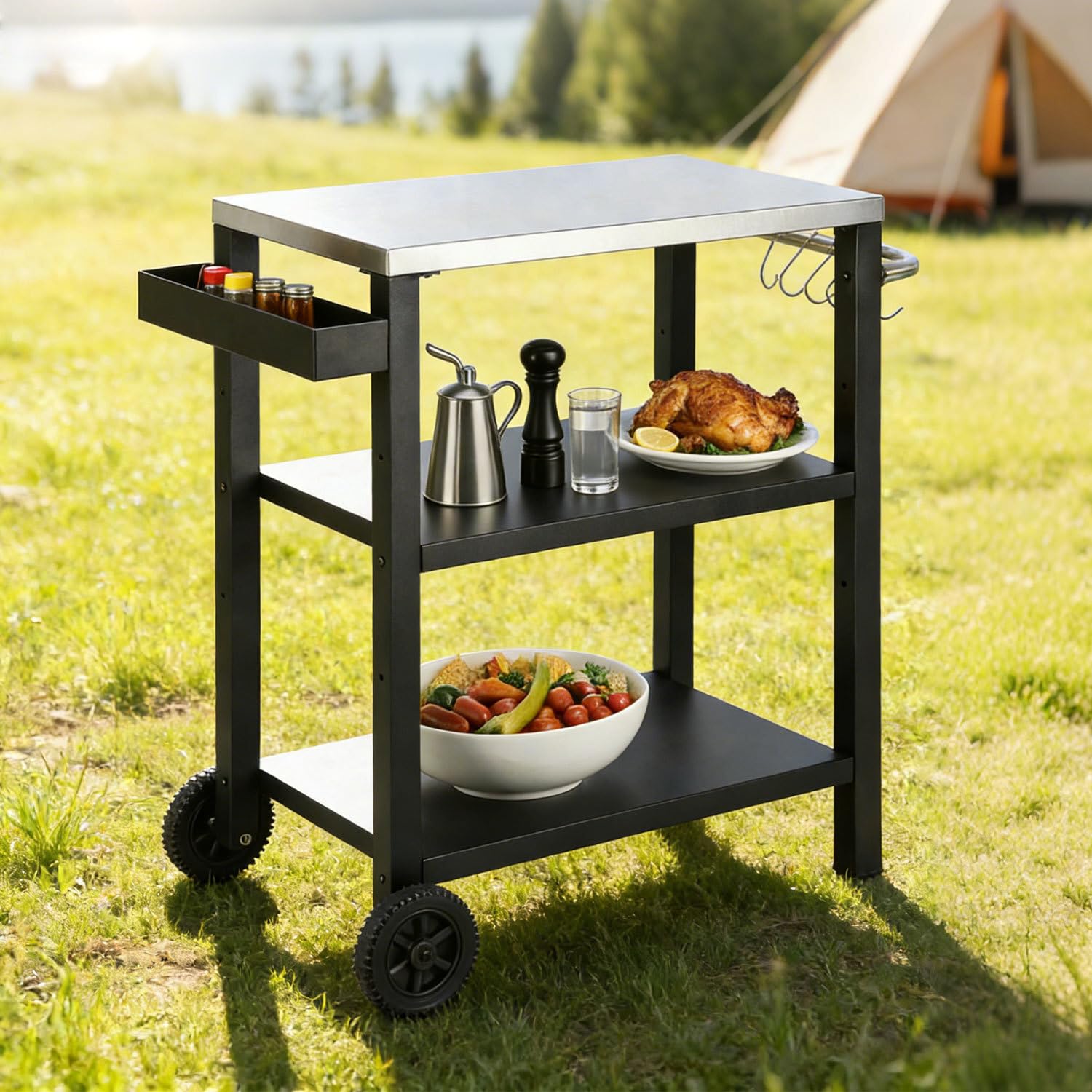 Carrello da barbecue per esterni, tavolo da barbecue, 2 ripiani regolabili in altezza, portaspezie e ganci, 84 x 67 x 41 cm, carrello da cucina con ruote per grigliare pizza e cucina in