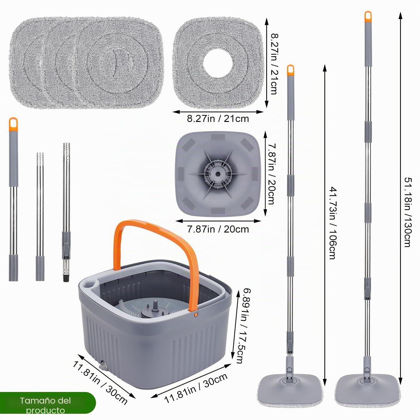 Sgizoku Juego de fregona con cubo, fregona giratoria de 360° con escurridor, función de lavado y secado, separa el agua limpia y sucia, mango telescópico con 4 almohadillas reutilizables para todo