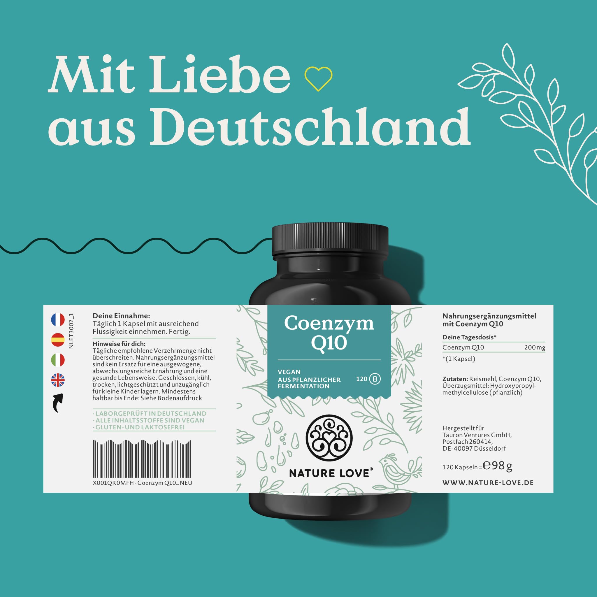 NATURE LOVE® Coenzym Q10 Hochdosiert - 200mg pro Kapsel - 120 vegane Kapseln im 4 Monatsvorrat - Aus pflanzlicher Fermentation - Hochdosiert & in Deutschland produziert