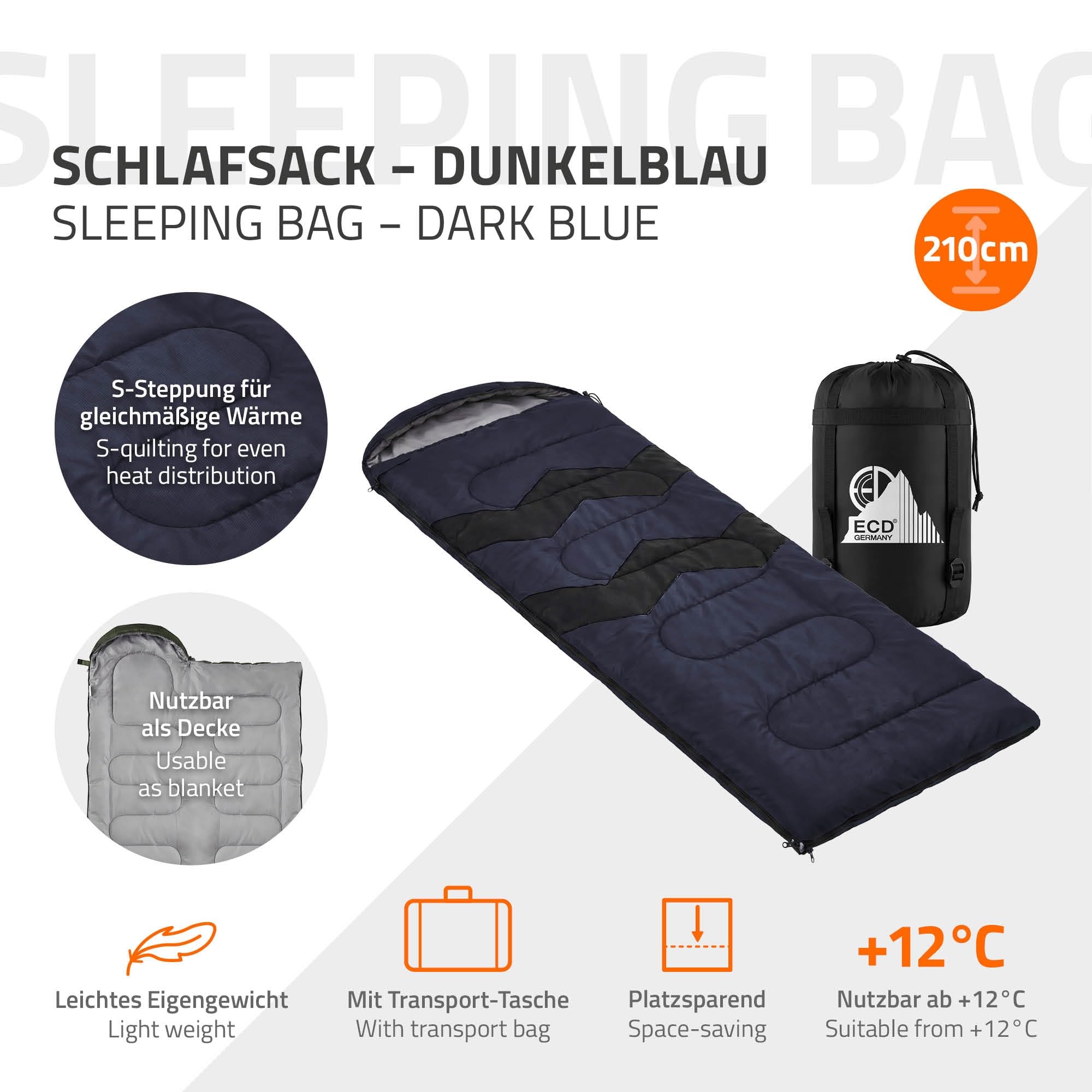 ECD Germany Sac de Couchage Adulte pour Camping Kaki/Bleu Foncé 210 cm, Matériel Léger Chaud et Compact, Portable de 3 Saisons Extérieur, pour Randonnée Voyage ou Tente, avec Housse de Transport