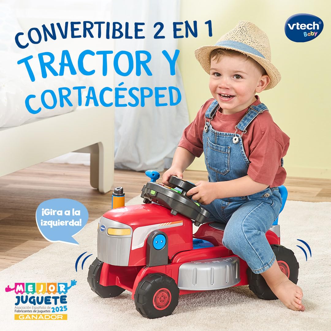 VTech-Baby Convertible 3 en 1 Tractor y Cortacésped, Juguete Niños +1 Año, Correpasillos y Andador con Volante Interactivo, Canciones, Melodías y Juegos de rol, Versión ESP