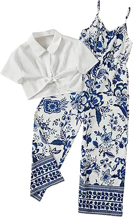 OYOANGLE Girl's 2 Piece Outfits Short Sleeve Button Down Shirt Crop Top and Wide Leg Pants Jumpsuit Set