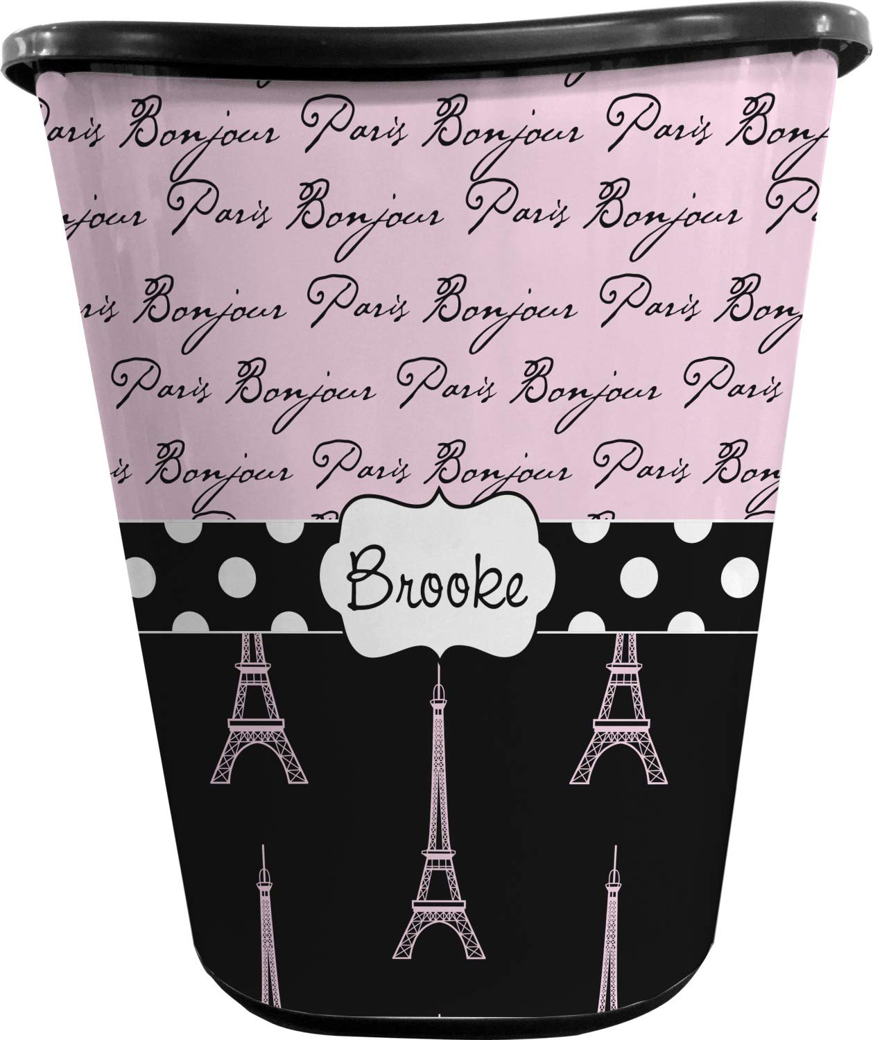 RNK Shops Personalized Paris Bonjour and Eiffel Tower Waste Basket - Double Sided (Black)