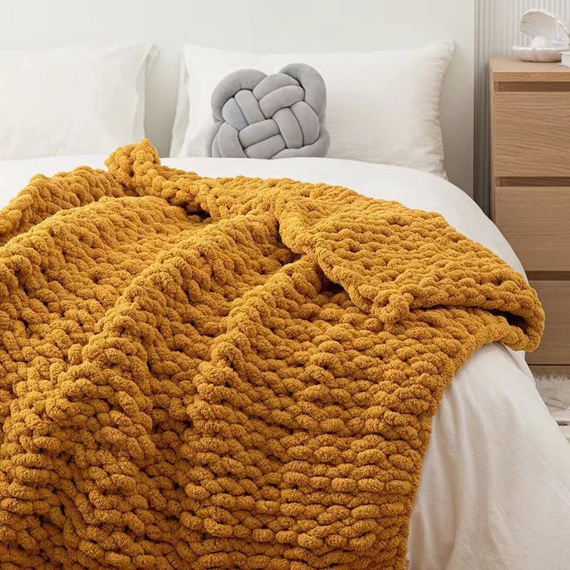 Chunky Knit Blanket Throw 40"×40", Hand Knitted Warm Chenille Throw Blanket, Home Decor Soft Thick Yarn Cable Knit Blanket,Soft Breathable Fleece Banket Christmas for Couch Bed Sofa Best Gift (Yellow) - Image 3