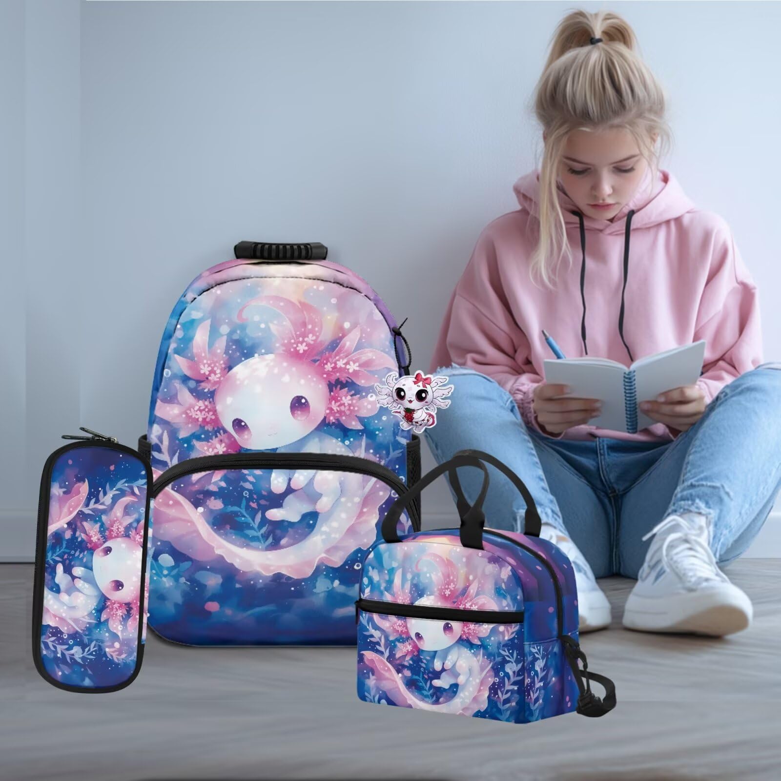 Juego de mochila escolar de 4 piezas con fiambrera, estuche y colgante para bolsa, para niños, adolescentes, escuela primaria y secundaria, Flores de ajolote rosa, moderno