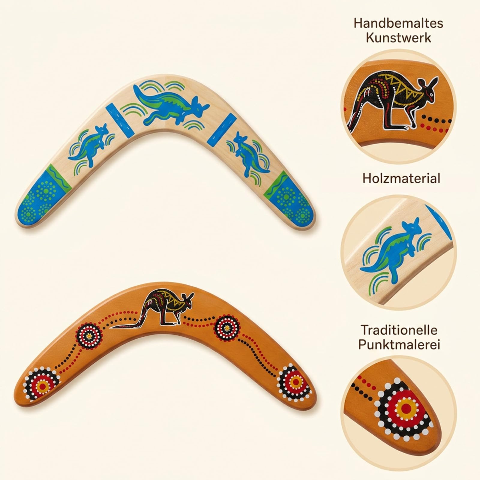 2er Set Holz-Bumerang, V-Form Massivholz Boomerang mit Känguru-Motiv, Wasserfestes Sportspielzeug für Outdoor Spiele und Familienaktivitäten