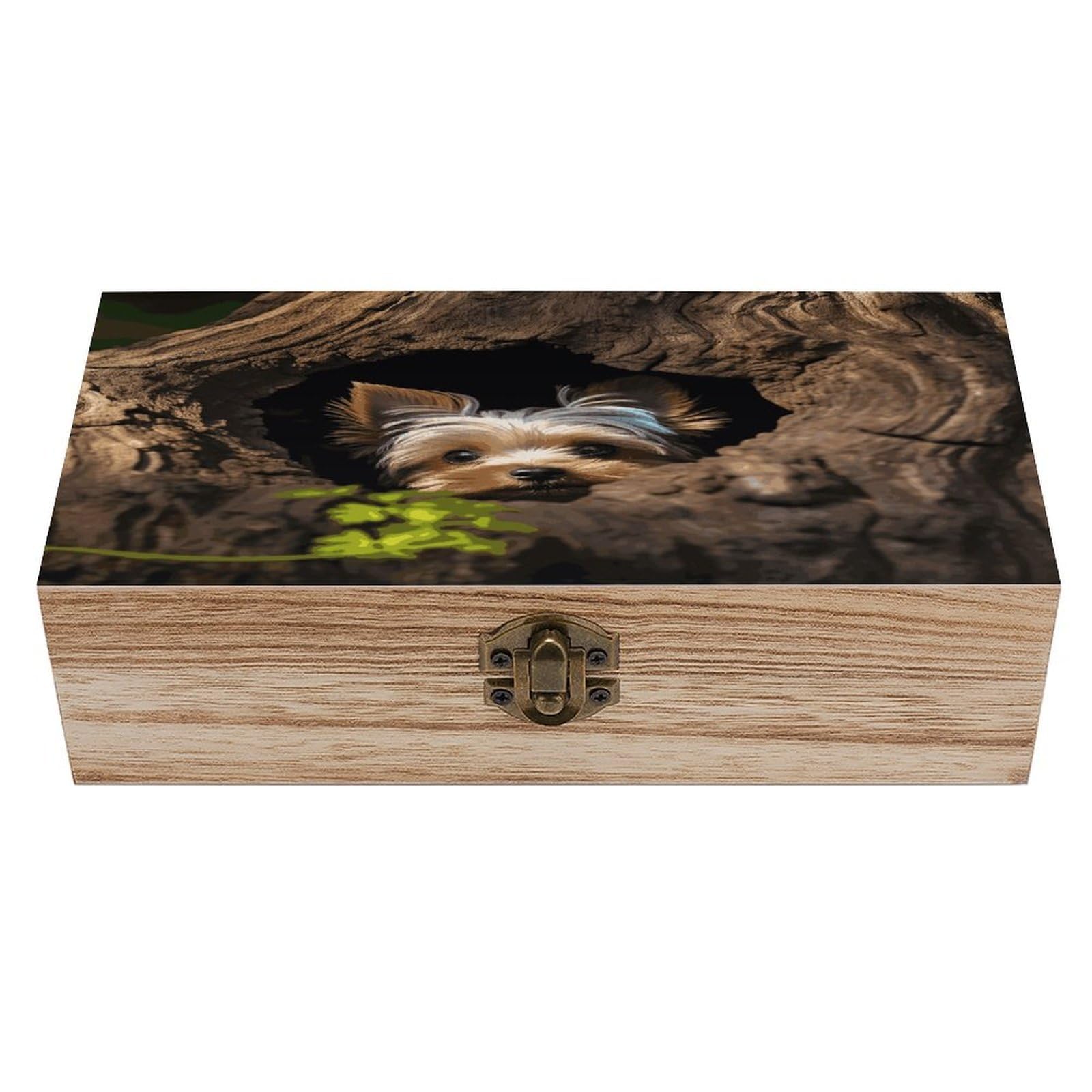 Btcowzrv Style A Little Yorkshire Terrier Nestled In A Tree Hole Wooden Storage Box, Keepsake Box With Hinged And Retro Lock, Wood Jewelry Organizer For Photos & Mementos And Home Decor