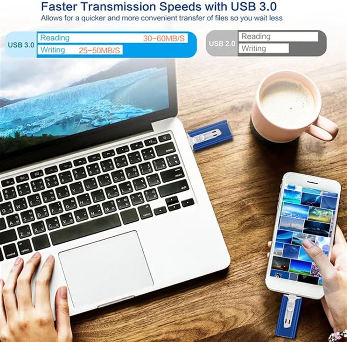 Periodicali 3 in 1 Flash Drive, 32 ~ 256 GB Micro USB + 8 pin + USB 3.0 3 in 1 U-Disk con adattatore di tipo C per telefoni/PC, per foto e file video (argento, 256 GB)