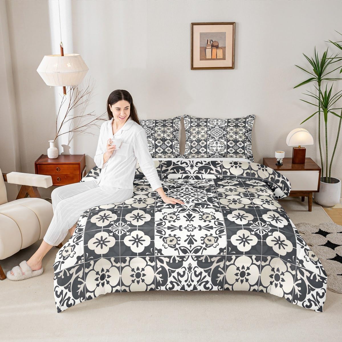 Erosebridal Mexican Talavera Tile Comforter Set Queen Size,Exotic Ethnic Boho Style Bedding Set for Kids Adults Room Decor,Colorful Bohemian Quilt Bed Set Geometric Flower Down Comforter 3Pcs