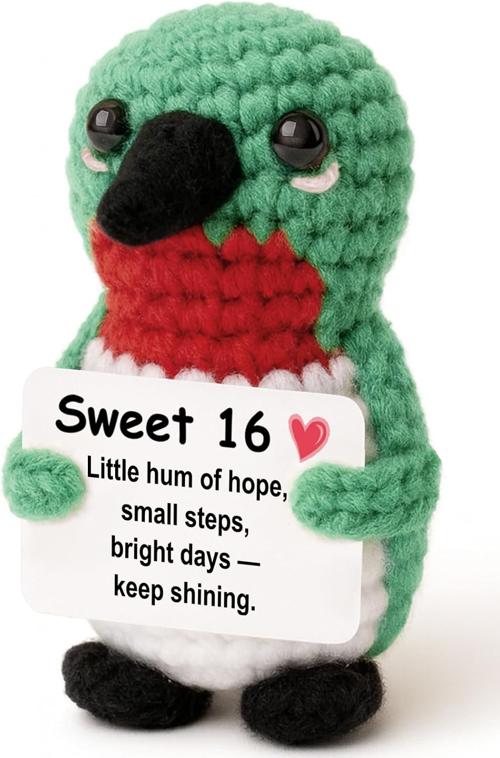 Sweet 16 Gift – Mini Crochet Hummingbird Plush with 16th Birthday Message Sign, Handmade 10cm, 16 Year Old Gift Idea, Gentle Positive Keepsake, Cozy Desk Decor, Year-Round