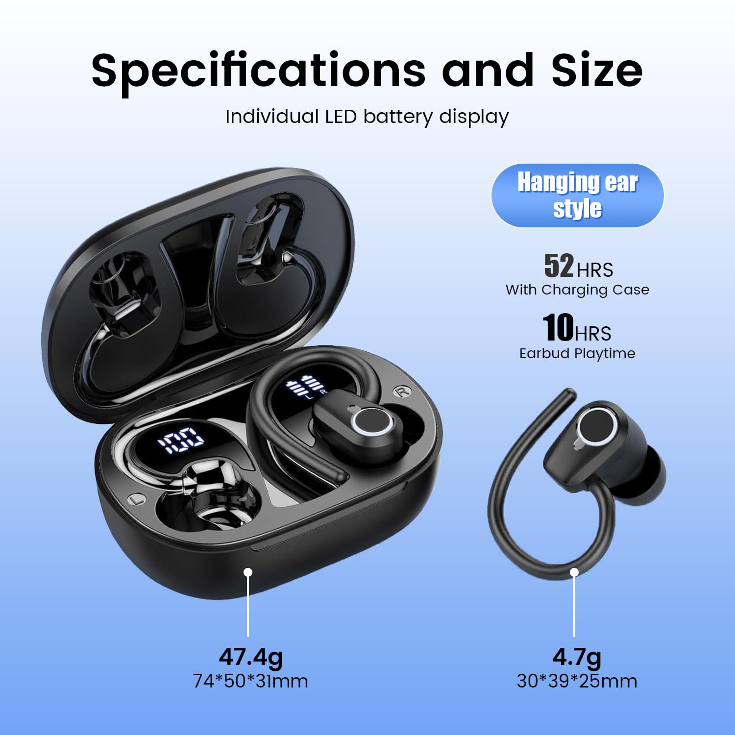 Auricolari wireless, Bluetooth 5.3, cuffie sportive, con microfono per riduzione del rumore, display a LED, 50 ore di autonomia, con ganci per le orecchie, impermeabili IP7, per palestra, corsa