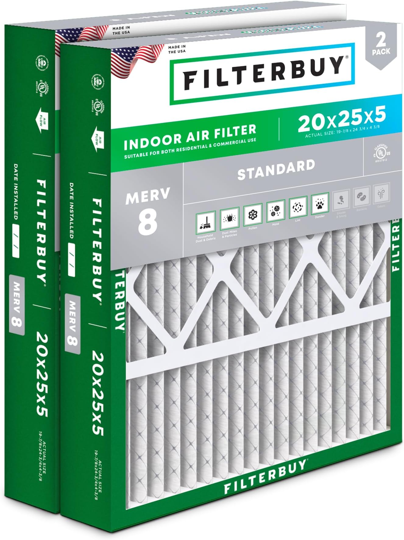 Filterbuy 20x25x5 Air Filter MERV 8 Essential Dust & Allergy Defense (2-Pack), Pleated HVAC AC Furnace Filters for Honeywell FC100A1037, Lennox X6673, and More (Actual Size: 19.88 x 24.75 x 4.38)