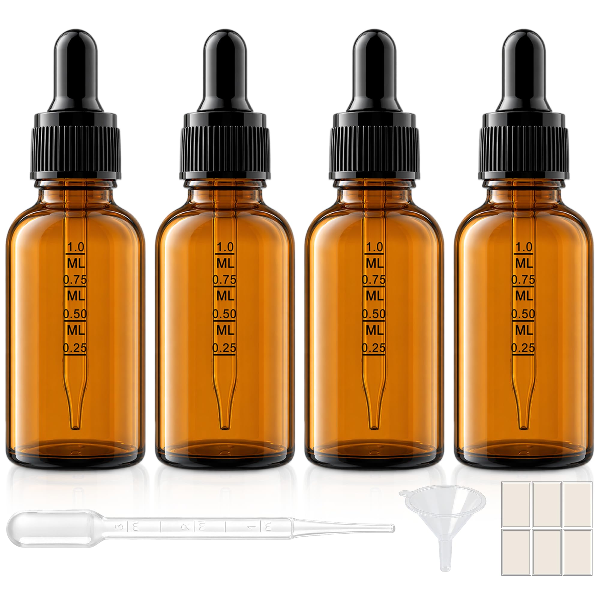 PrettyCare 4 Pack 1 oz Amber Glass Dropper Bottle with Black Cap, 30ml Tincture Bottles with Graduated Droppers - Small Eye Dropper Bottles for Essential Oils, Beauty & Travel