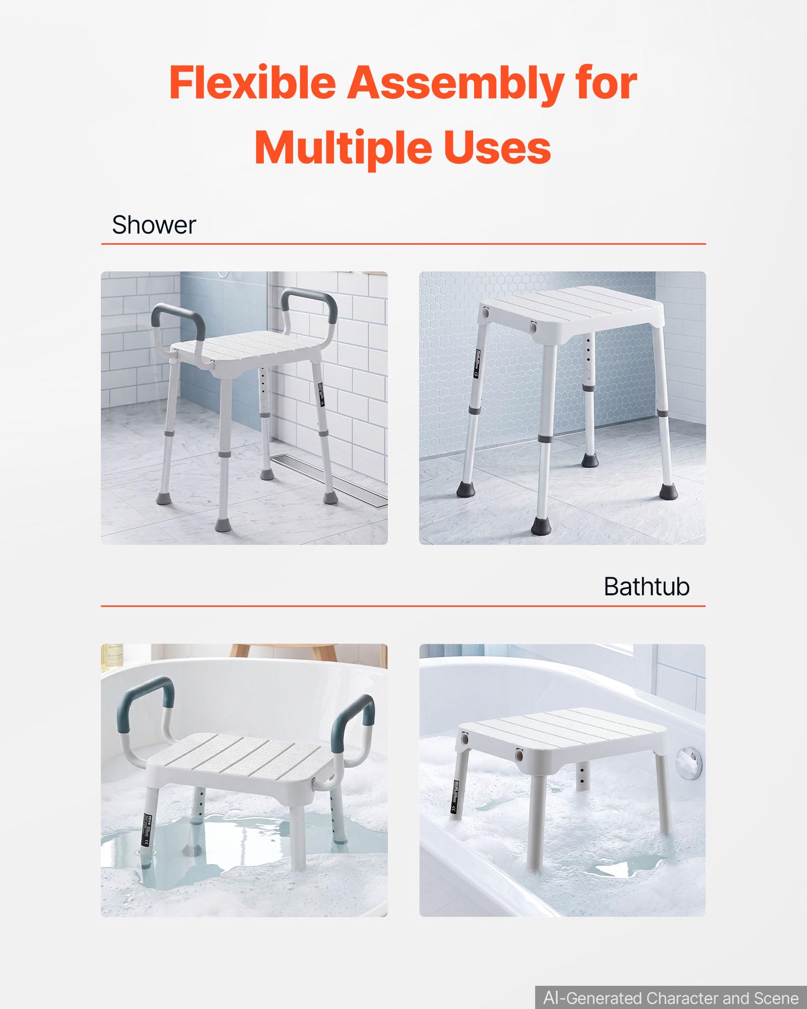VEVOR Silla de Ducha con Reposabrazos, Taburete para Baño, Altura 6 Niveles