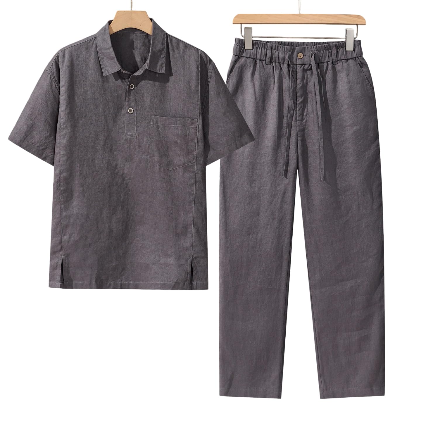 Set da 2 pezzi da uomo in lino con maglia e pantaloni larghi | Abbottonatura Henley, maniche corte, coulisse in vita, pantaloni a gamba dritta