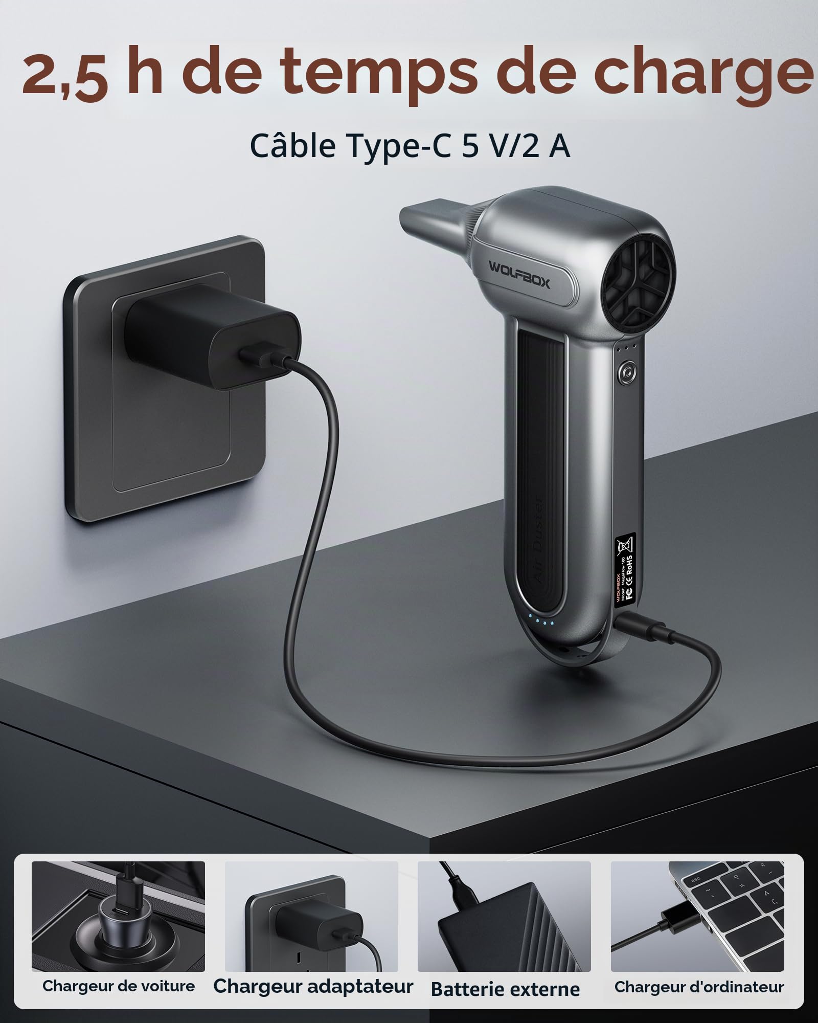 WOLFBOX MF100 Souffleur Air Comprimé,Souffleur PC 150 000 tr/min - Moteur Sans Balais Rechargeable, 3 Vitesses, Pour Nettoyage PC/Clavier/Voiture (Intérieur & Extérieur)