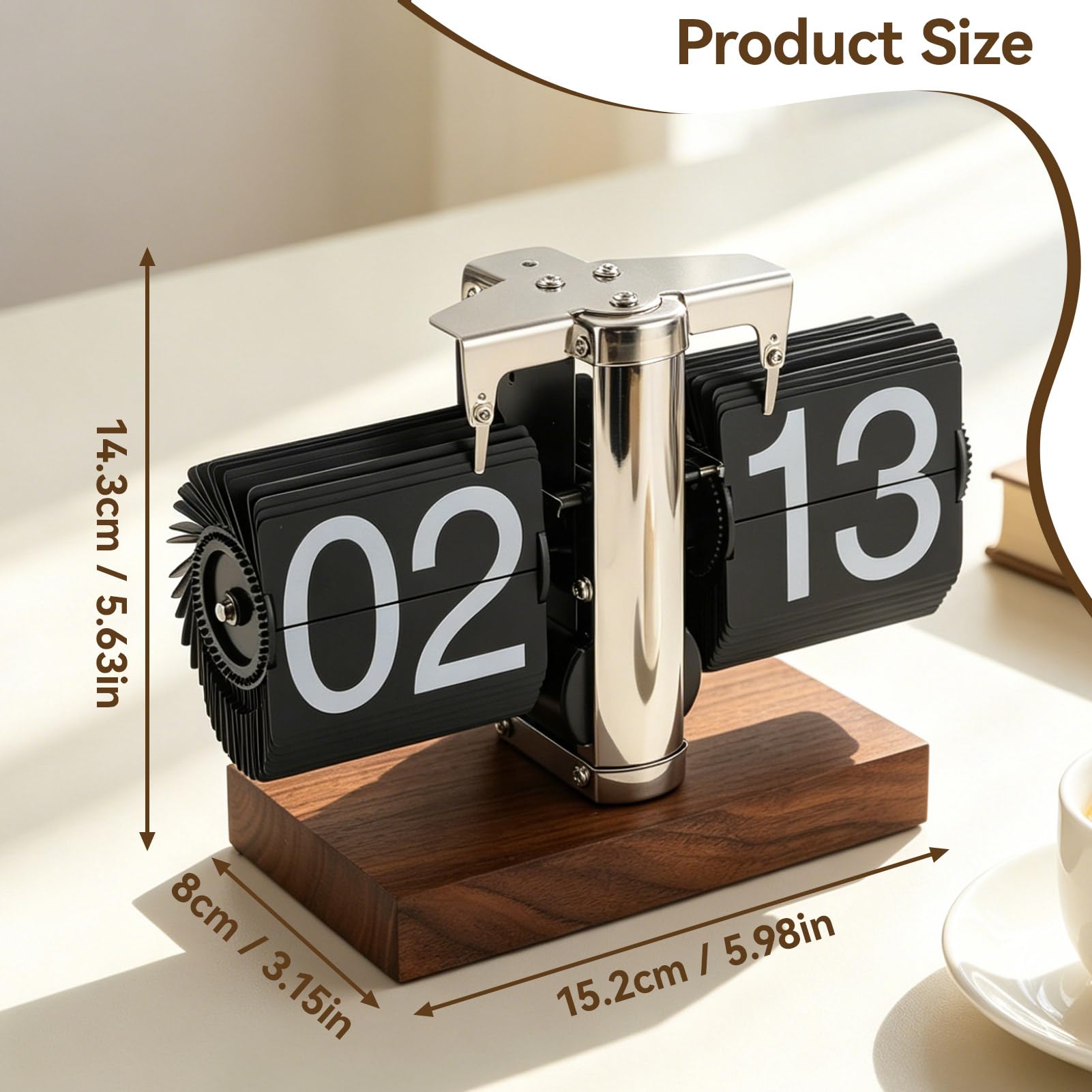 Retro Flip Vintage Desk Table Horloge, Mécanique Auto Flip Desk Clock Numéro 24h Base en Bois en Acier Inoxydable Table numérique rétro pour Le Bureau à Domicile