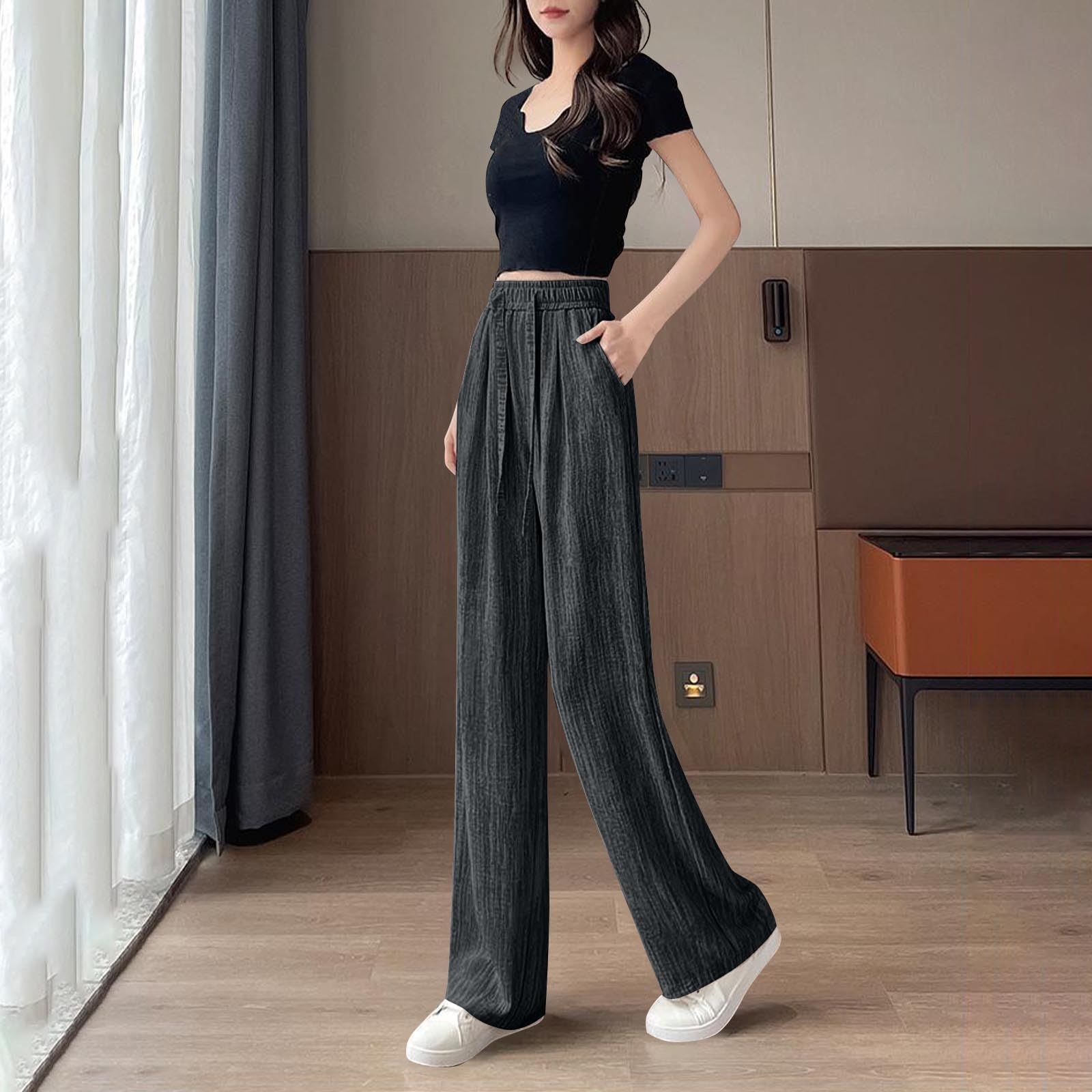 2025 Women Summer Wide Leg Pants Elastic Waist Solid Flowy Lounge Pant Loose Pleated Trendy Casual Thin Trousers(Dark Gray,Large)