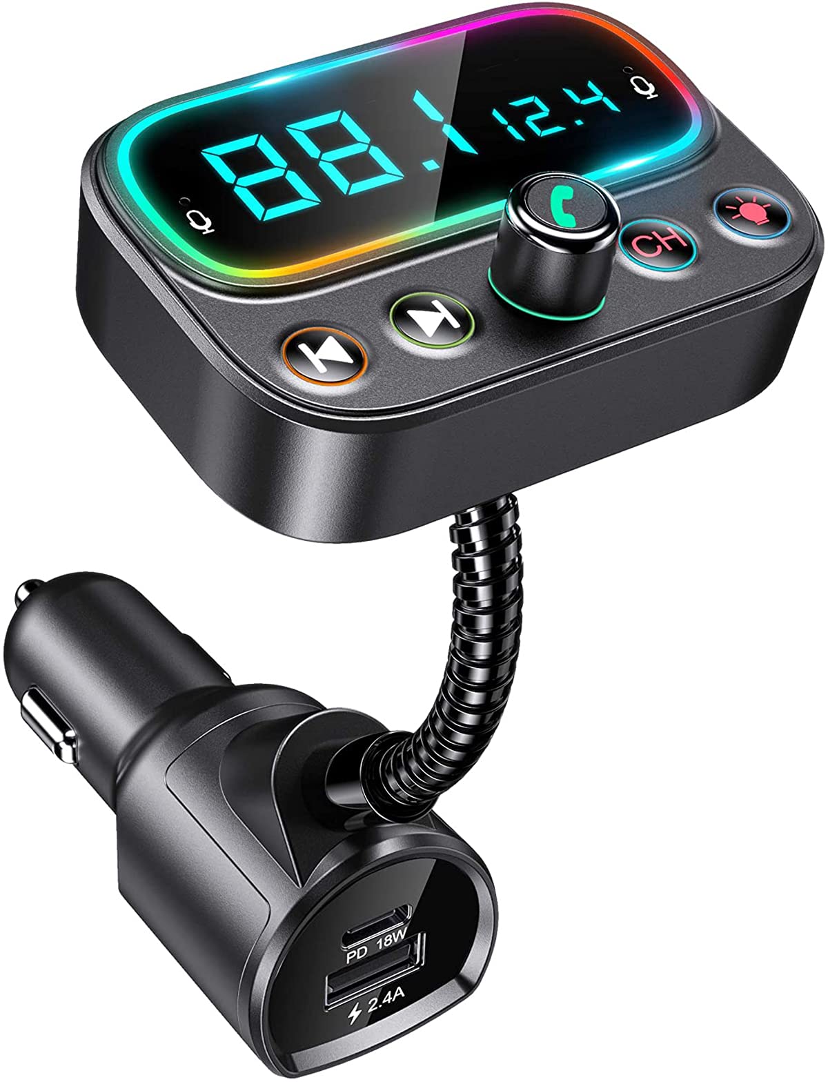 Bluetooth 5.0 FM Transmitter for Car, USB C PD Bluetooth Car Adapter with Dual Mic/2.0" LCD Display/3 USB Ports/9 Color LED Backlit, Wireless Car Kit Music Player Support U Disk/AUX Output