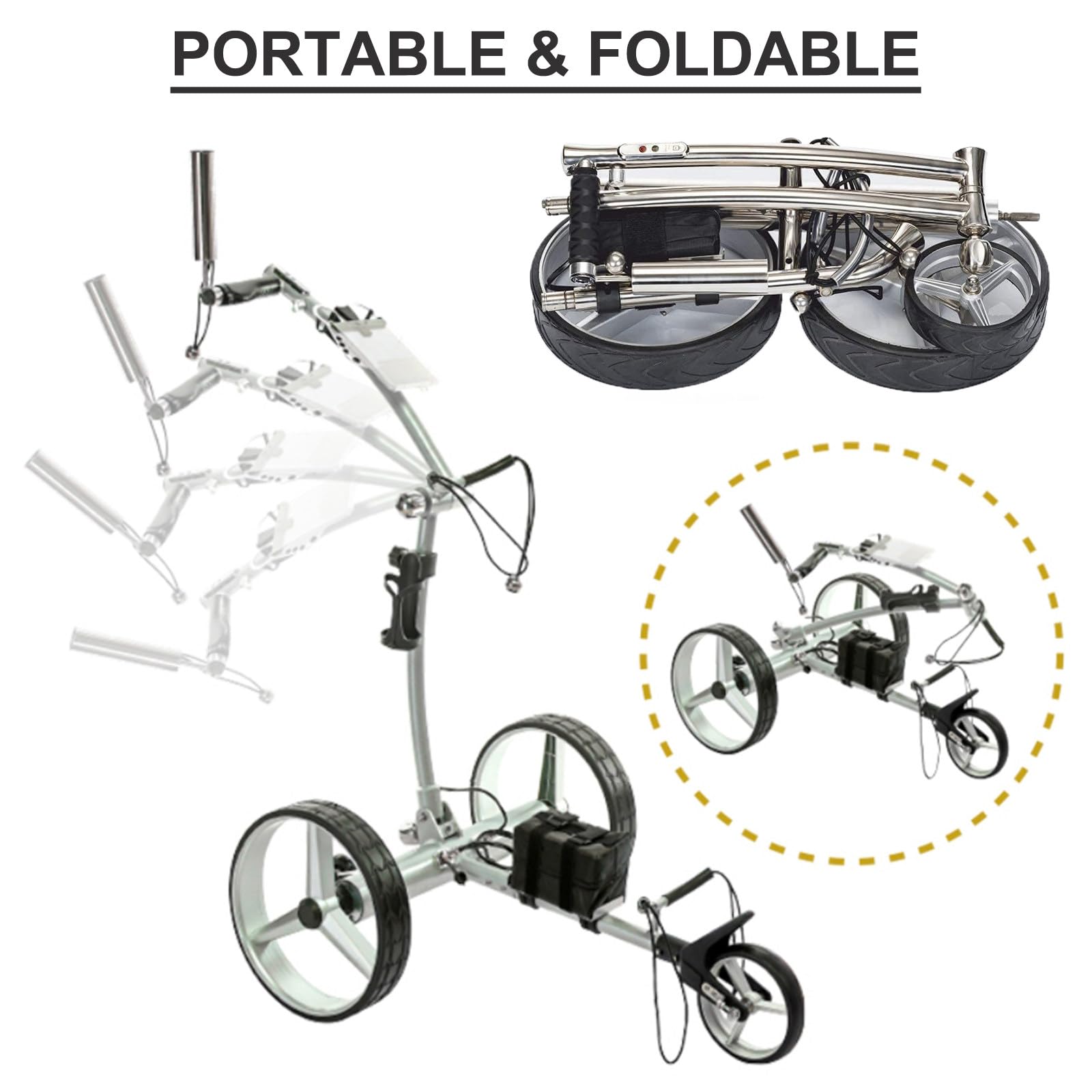 Carrito de golf eléctrico, carrito de golf plegable de 3 ruedas con soporte para teléfono, portavasos y soporte para paraguas