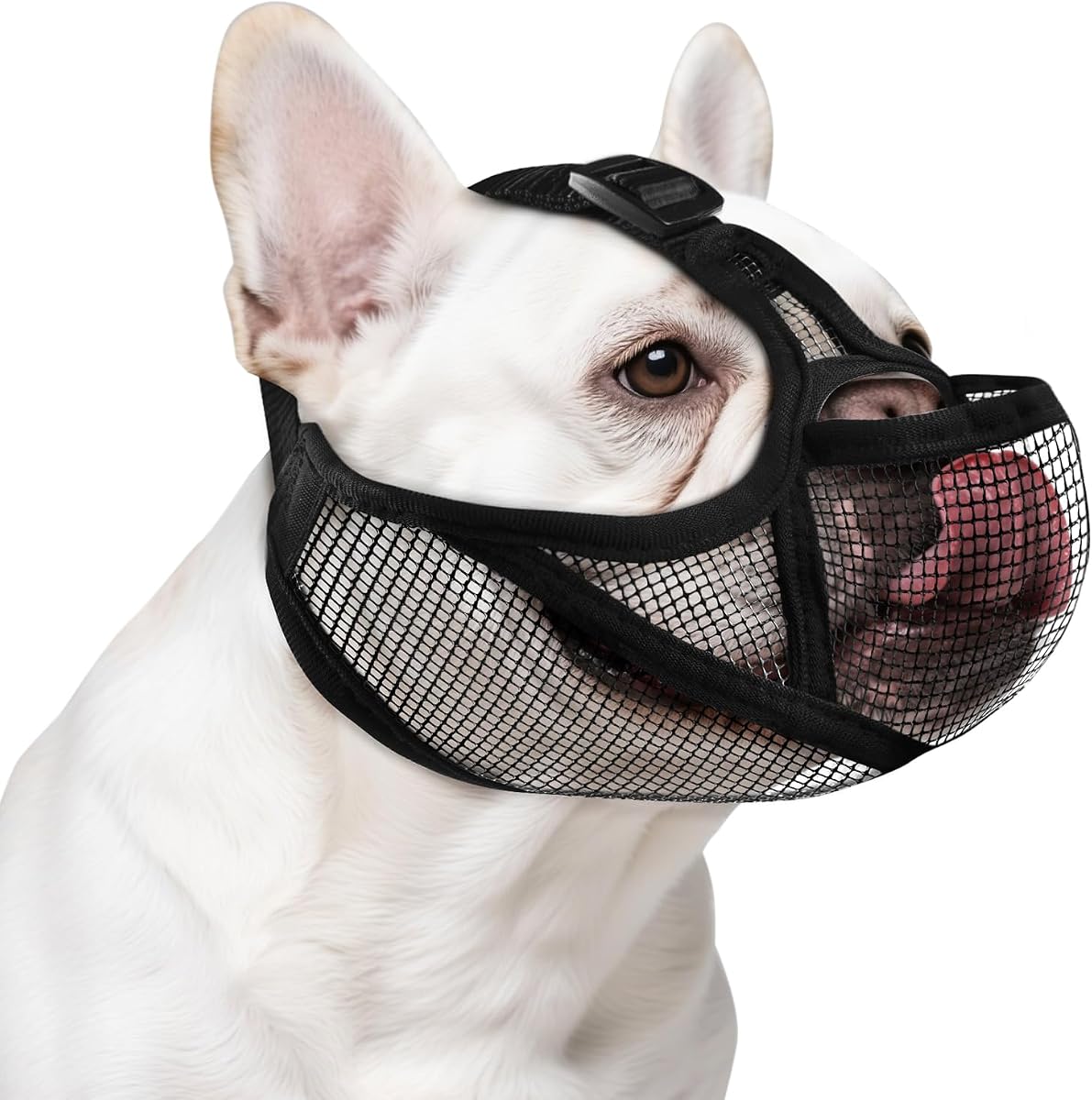 Bozal de Bulldog Francés, Bozal de Perro de Hocico Corto Suave y Ajustable con Orificio para los Ojos para Bulldog francés, Pug, Shih Tzu, Masticar Anit, Permite Beber y Alimentar(S,Negro)