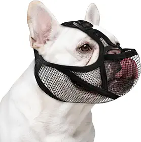 OHCOZZY Focinheira de buldogue francês, focinho curto macio ajustável com orifício para os olhos para buldogue francês, pug, shih tzu, mastigação de anit, permite beber e alimentar (P, preto)