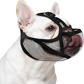 OHCOZZY French Bulldog Muzzle with Soft Mesh, Allows Tongue Extension -Open Eye Hole Short