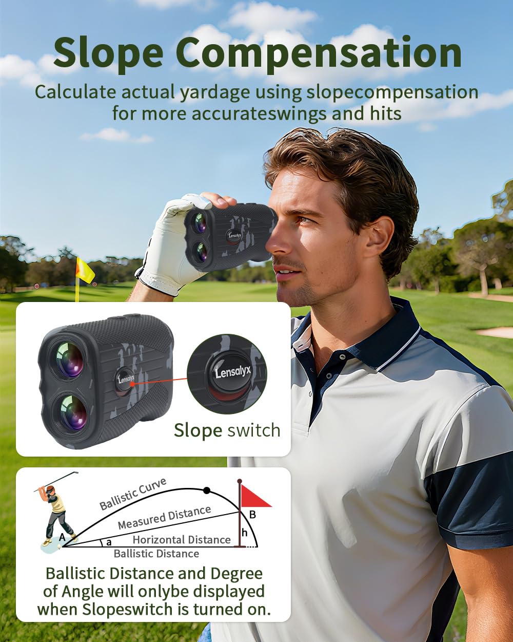 Lensaylx Télémètre laser de golf avec pente, grossissement x7, verrouillage du mât de drapeau, étanchéité IPX4, batterie rechargeable, bande magnétique pour golf et chasse 1 200 m