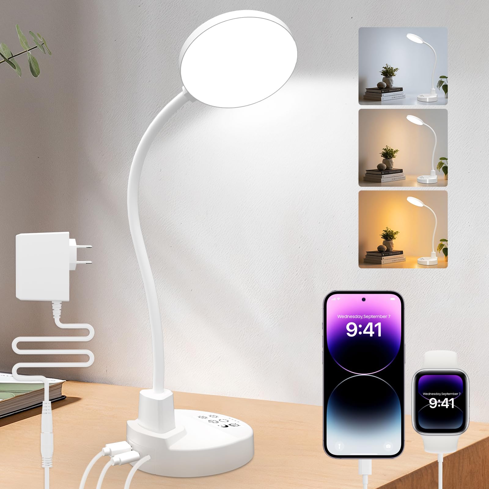 ZAPLIT 15W LED Schreibtischlampe mit USB-A & USB-C – Dimmbar, 3 Farbtemperaturen, 5 Helligkeitsstufen, 4 Timer, Flexibler 360° Schwanenhals, Augenschonend, Tischlampe für Büro & Schlafzimmer - Weiß