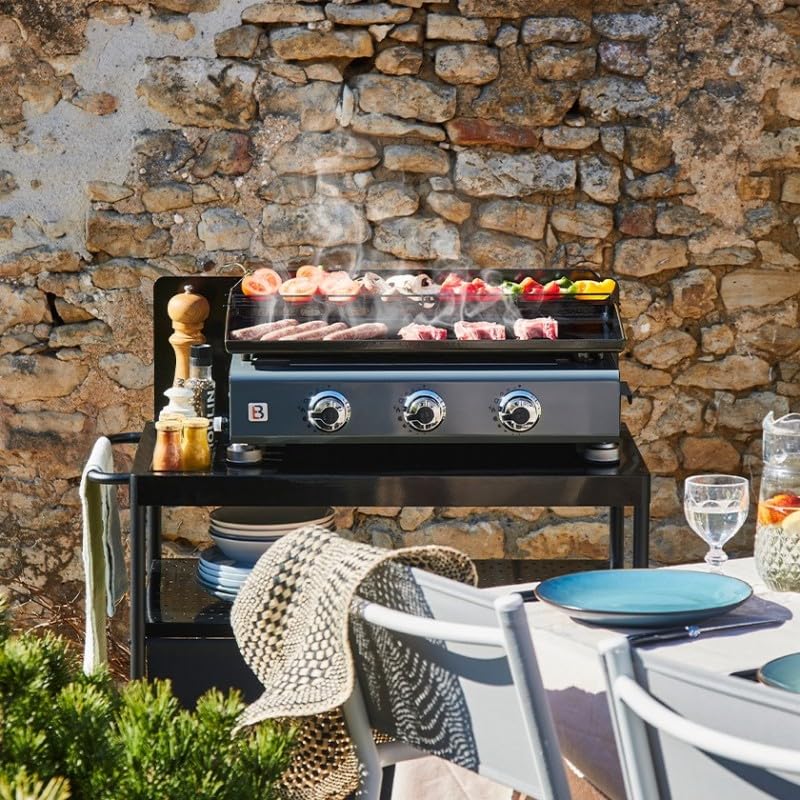 BRASERO - Plancha gaz Silvia II G 3 Feux Gun metal Brasero - Surface cuisson 67 x 34 cm - 3 brûleurs - Plaque fonte - Grille de réchauffement - Tiroir graisse - Jusqu'à 10 convives - 7,5 kW