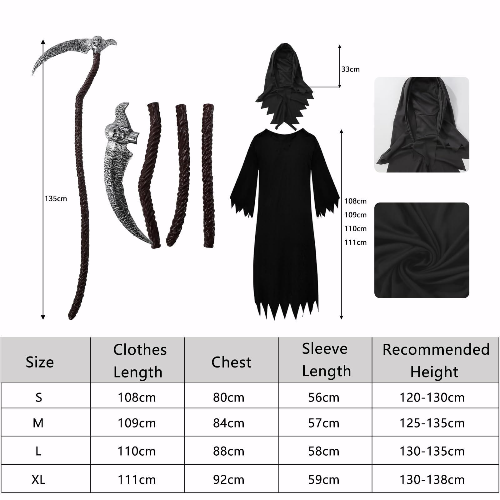 Kostium męski Żniwiarz, kostium na Halloween, dla chłopców, dziewczynki, straszne przebranie, na Halloween, imprezę, karnawał, Cosplay, 130 cm