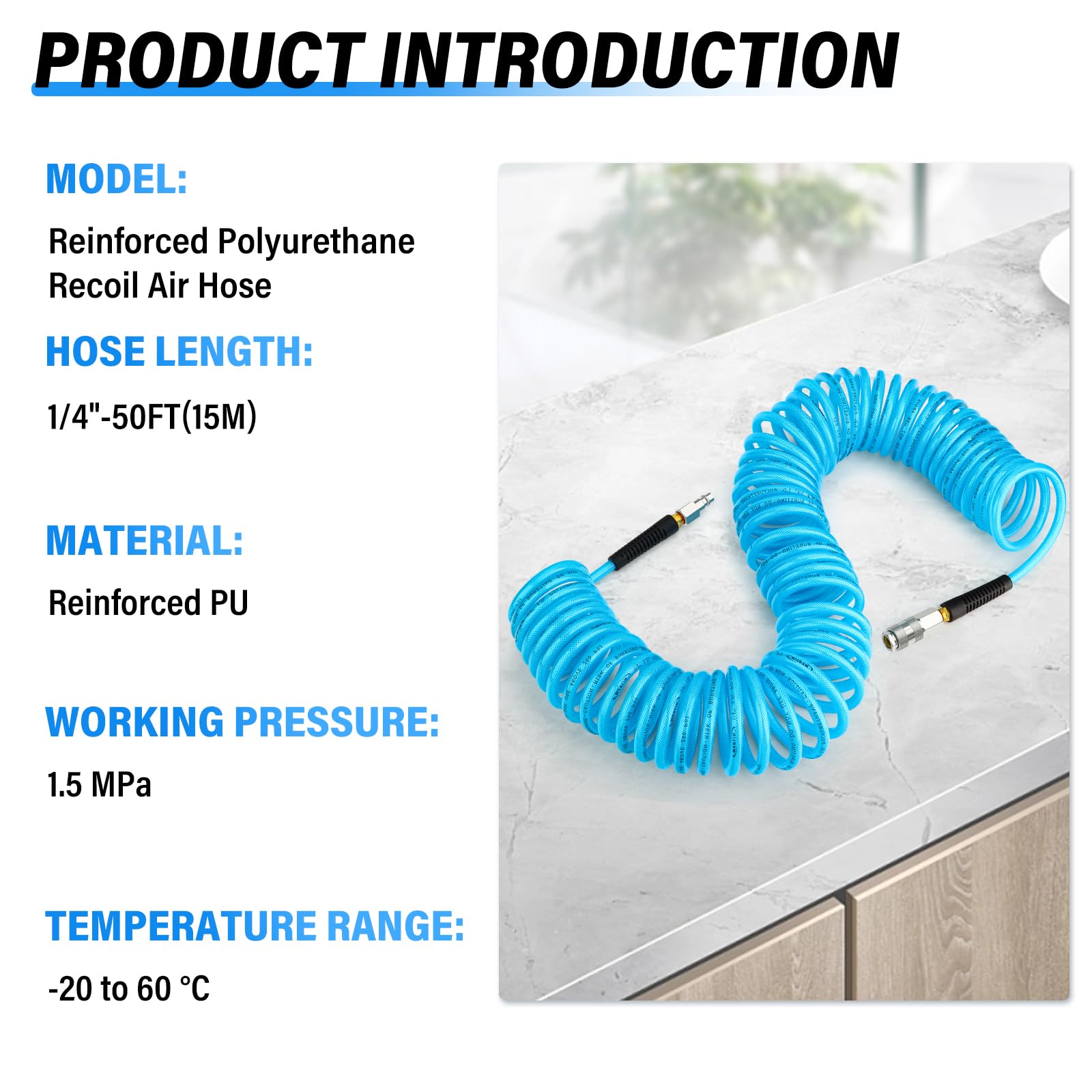 TAILONZ PNEUMATIC 1/4" x 15M Reinforced Polyurethane Recoil Air Hose with Bend Restrictor, 1/4" Industrial Quick Coupler and Plug - Image 4