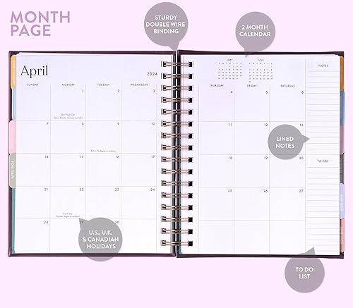 Miniatura 5 de Eccolo - Agenda con espiral 2024, diseño de mariposa, vistas semanales y mensuales, 12 meses, hojas de calcomanías, gráficos inspiradores y citas