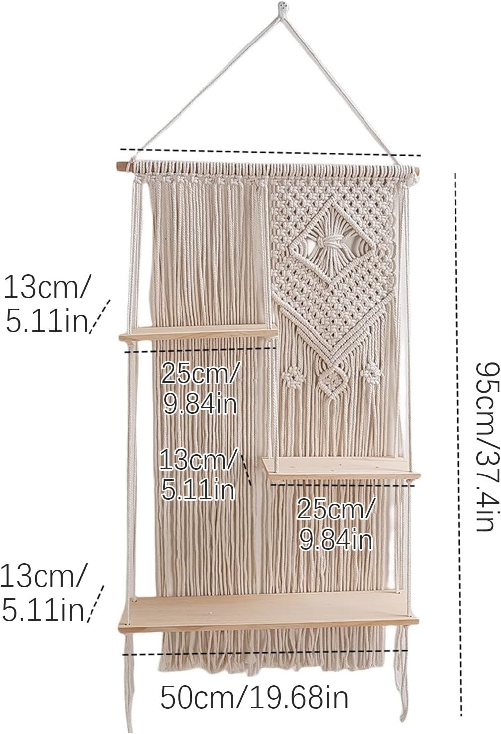 ハンギングスタンド ボーホースタイル - シンプルなマウントハンギングシェルフ、オーガナイザー3段マクラメスタンドボーホーデコール|