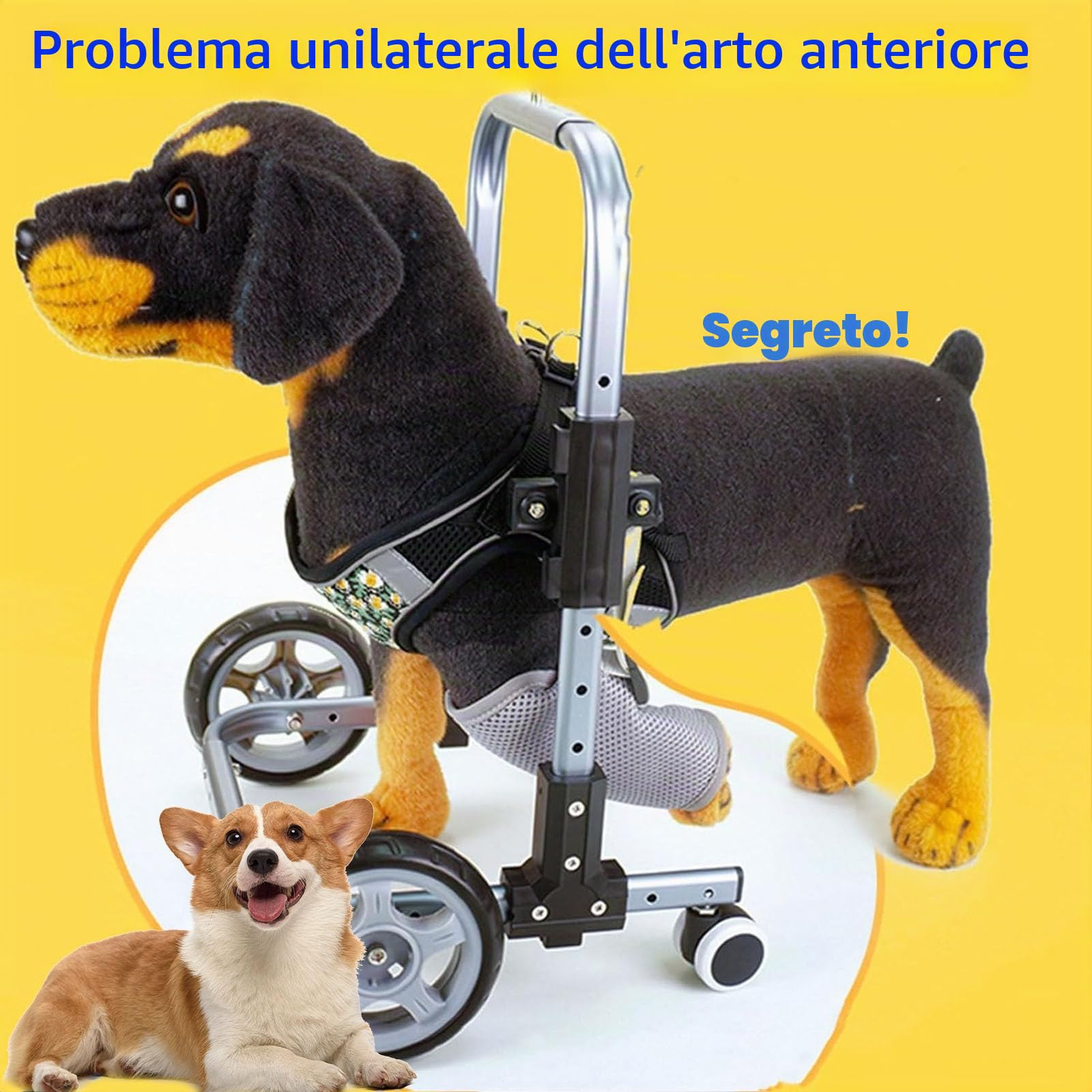 Sedia a rotelle per animali domestici disabili, ausilio per la mobilità a 4 ruote per il supporto delle zampe anteriori, passeggino con assistenza per la deambulazione per una cura migliorata degli