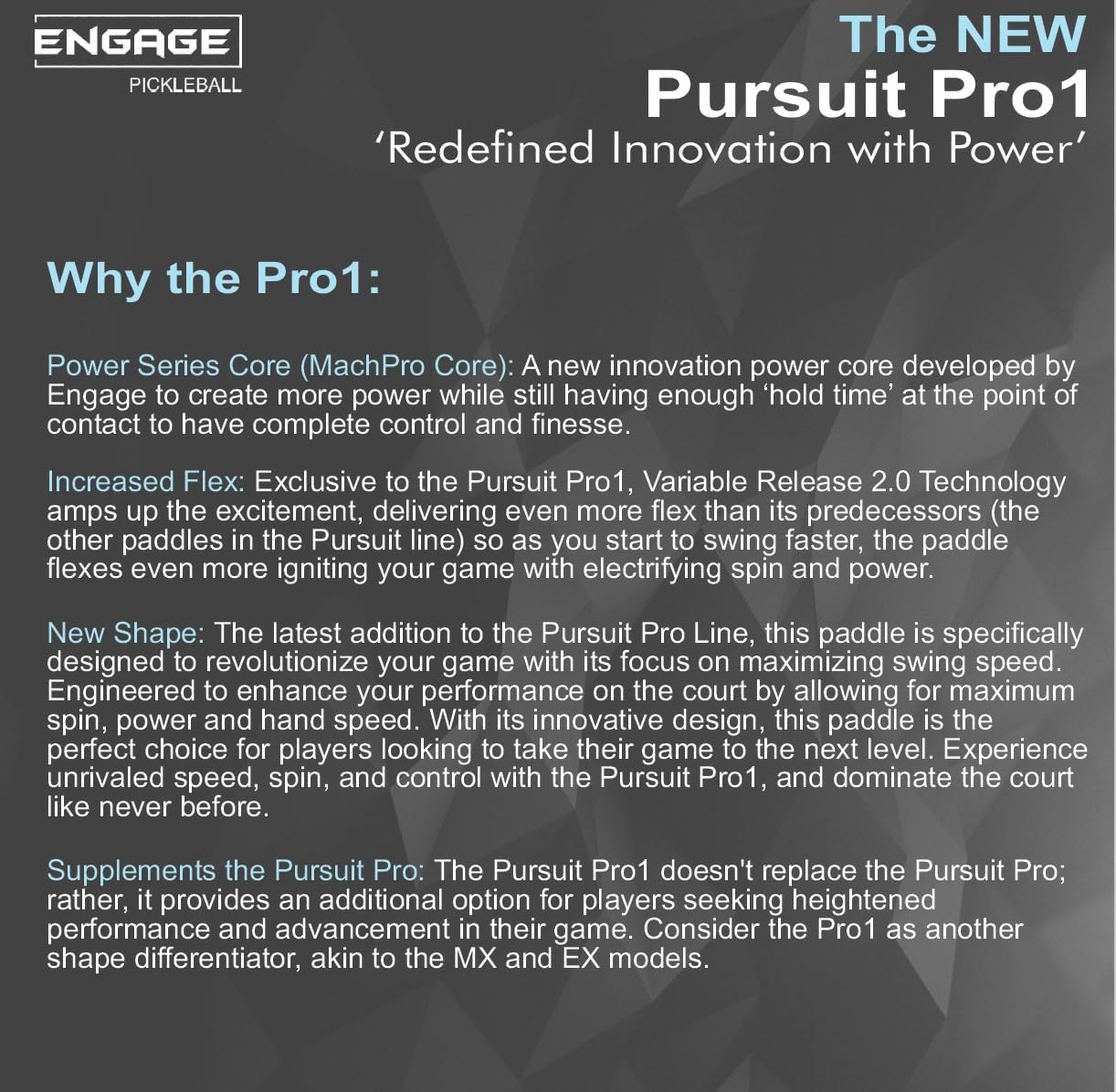 Engage Pursuit Pro1 Pickleball Paddle - Raw Carbon Fiber for Extreme Spin - MachPro Core for Maximum Power & Control, Light Weight (7.6-7.9 Ounce)