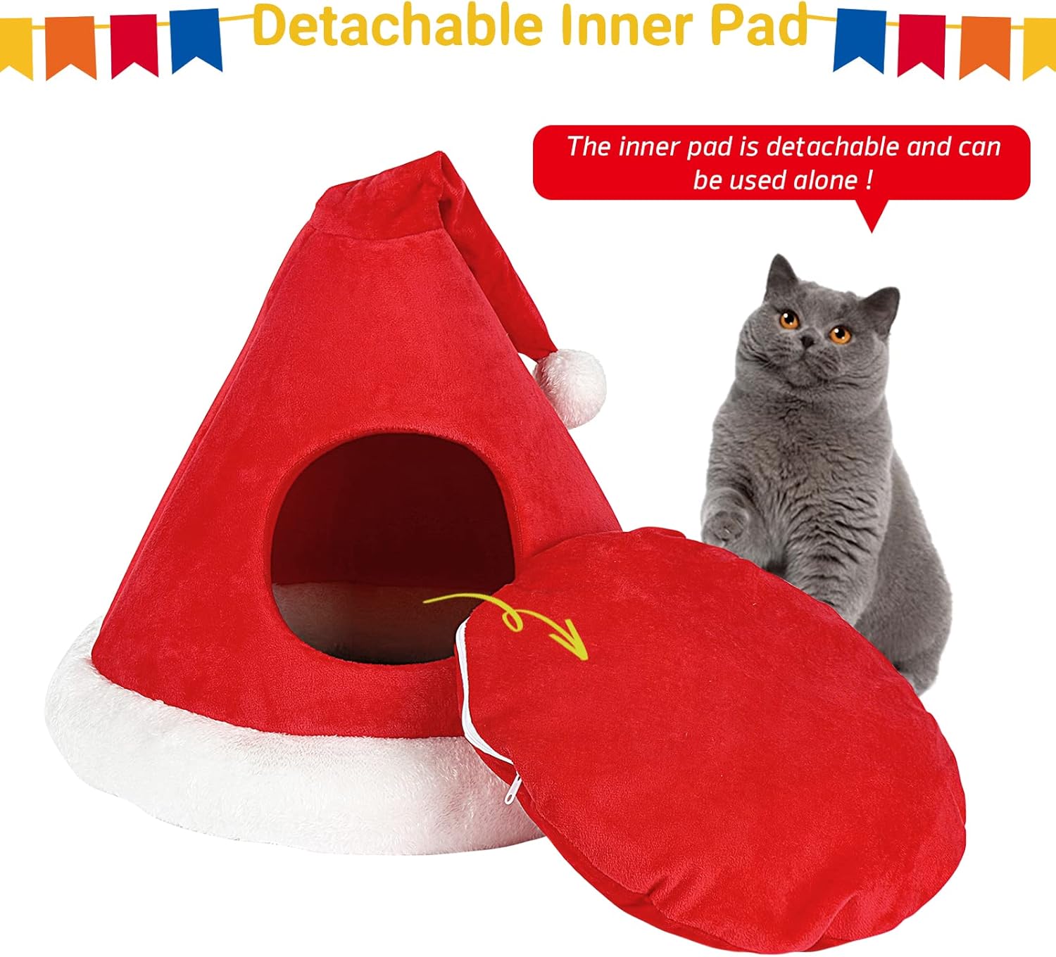 NIBESSER Cat Bed Christmas Hat Cat Tent House Self-Warming 2 in 1 Removable Comfortable Triangle Pet Teepee Xmas Dog Cave in Winter (Red)