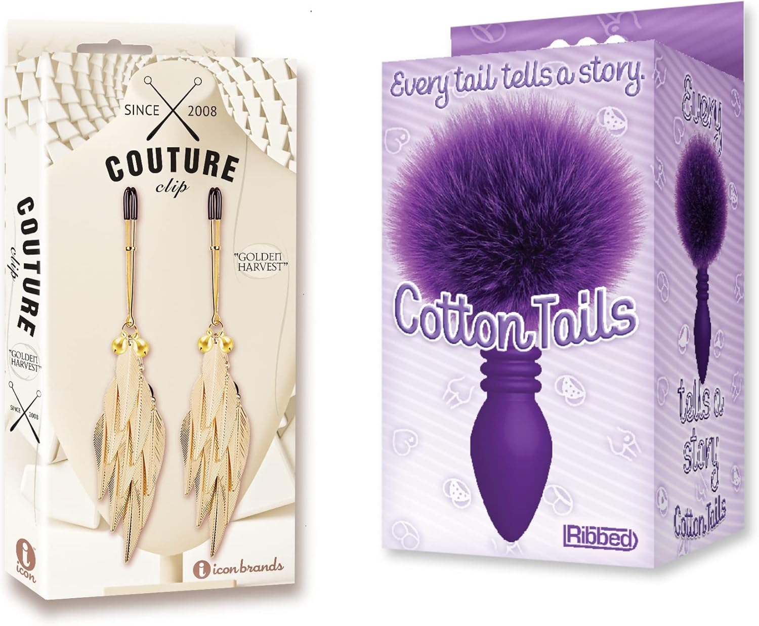 Sex Toy Gift Set Bundle of Couture Clip’s “Golden Harvest” Nipple Clamp and Icon Brands Cottontails, Silicone Bunny Tail Butt Plug, Ribbed Purple