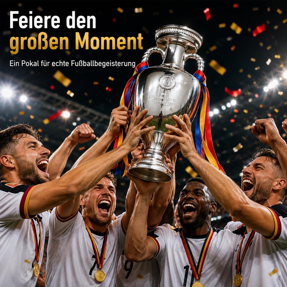 Europa Meister Pokal Replik aus Harz mit Galvanisiertem Silberlook | Fußballpokal Sammlerstück für Vitrine,Fanraum,Ideal als Sportandenken,Wohnaccessoire und Geschenk für Fußballfans und Sammler