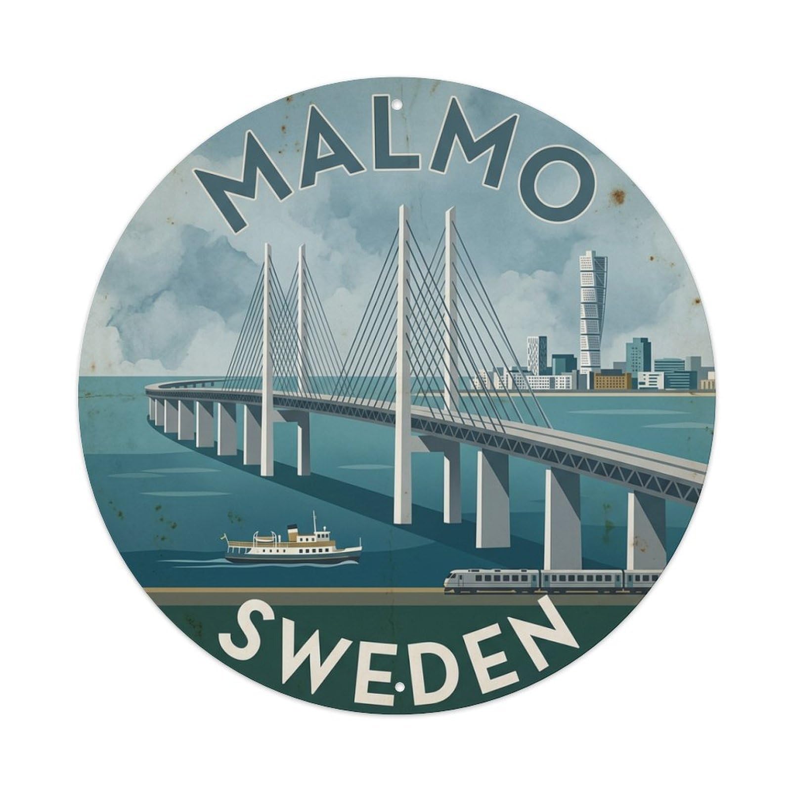 Vintage Travel Malmo Sweden Bridge Metal Tin Sign