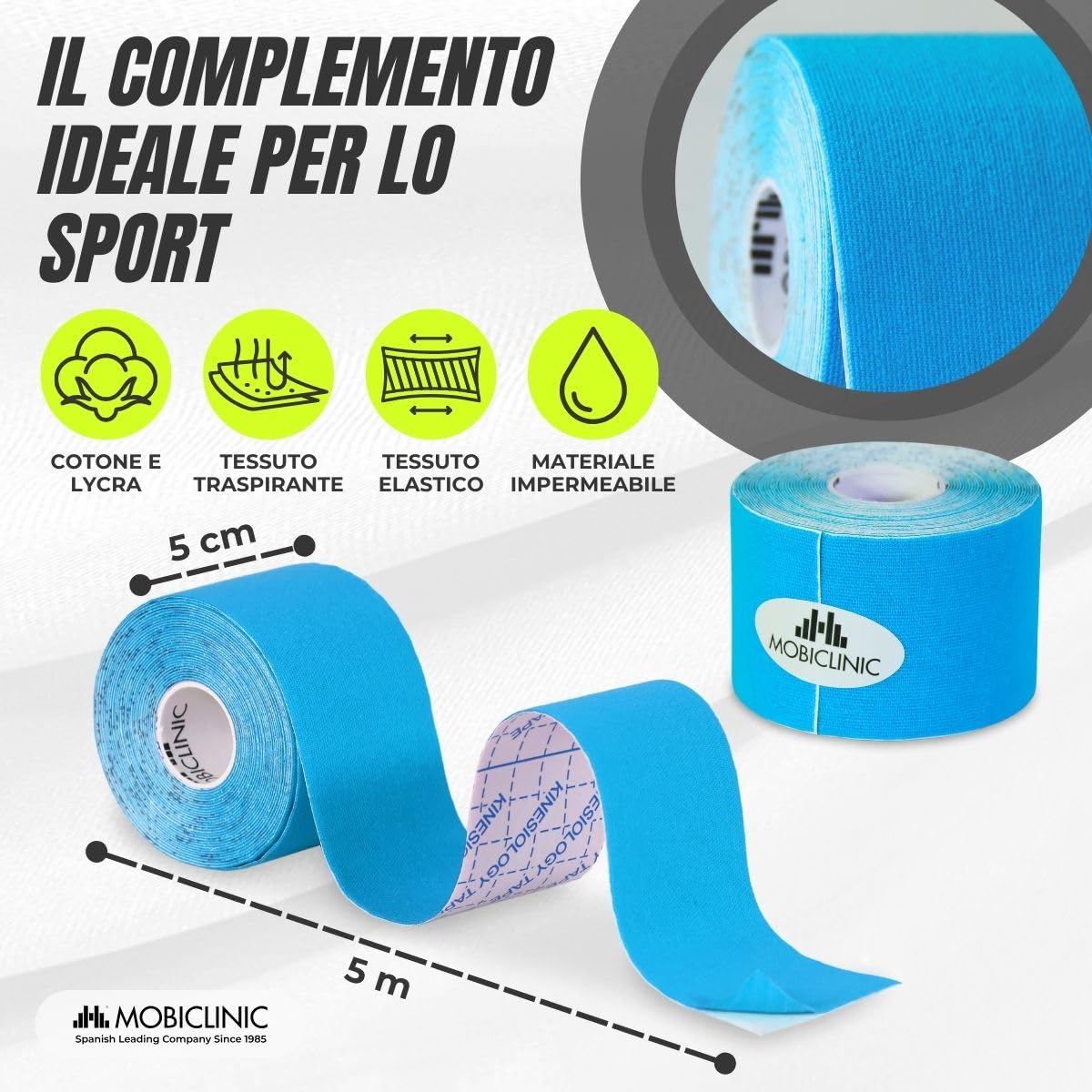 Mobiclinic®, Confezione da 12 rotoli di kinesiotape, Benda elastica autoadesiva, 5m x 5cm, Tape sportivo, Alleviamento del dolore muscolare, Bendaggio kinesiologico, Nastro