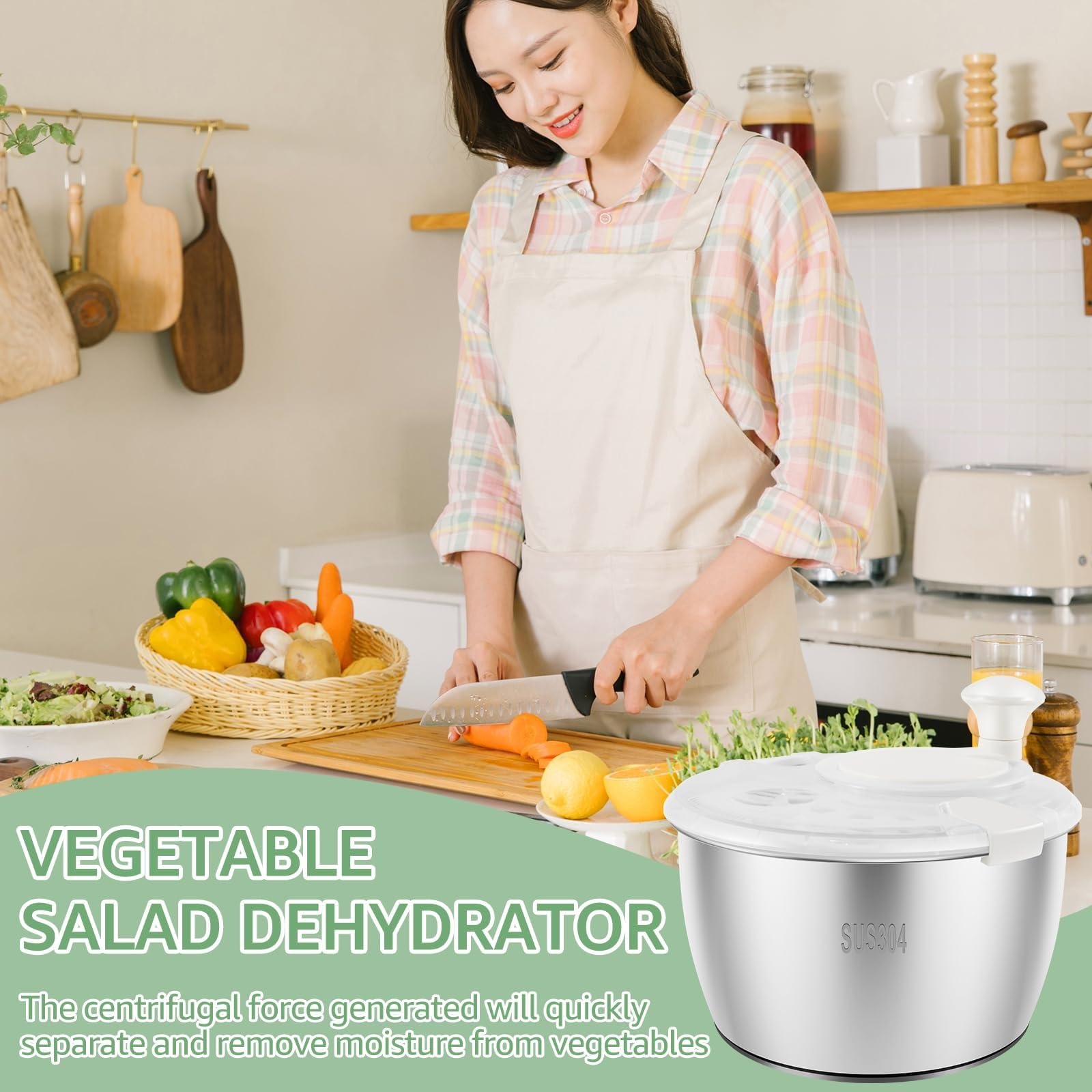 THEGA Secador De Verduras De 5 L, Centrifugadora De Lechuga De Acero Inoxidable 304, Secadora De Lechuga, Centrifugadora De Lechuga Multiusos, Centrifugadora De Ensalada con Orificio De Drenaje