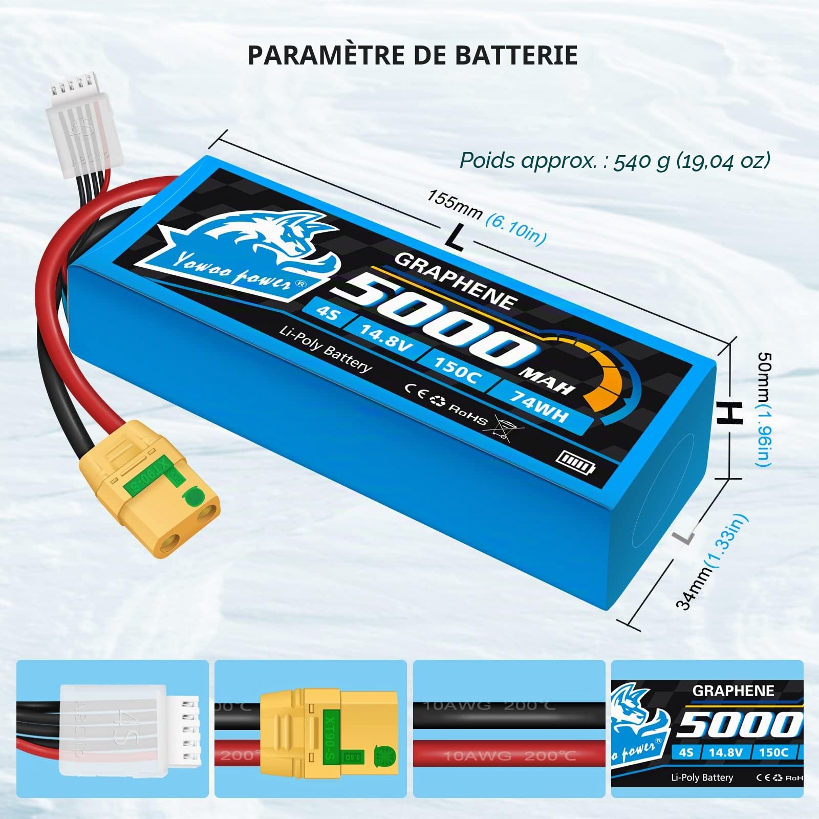 Yowoo 4S 14.8V 5000mAh 150C XT90S Graphène LiPo Lot 2 Batteries RC FPV