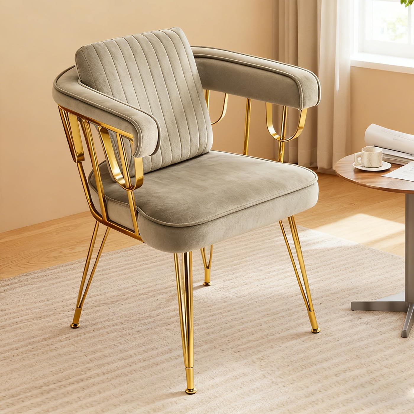 Hellove Chaise Coiffeuse Velours avec Accoudoirs, Fauteuil Salon Métal Doré – Vanity Chaise Moderne pour Chambre à Coucher, Salle à Manger, Coussin Décoratif Inclus, Brun